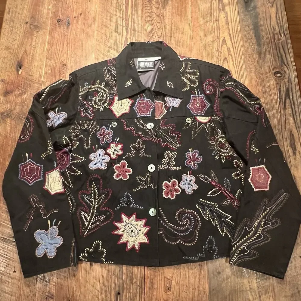Yak Magik Jacket Women's Large Artisan Silk Embroidered Nepal Art to Wear Beaded